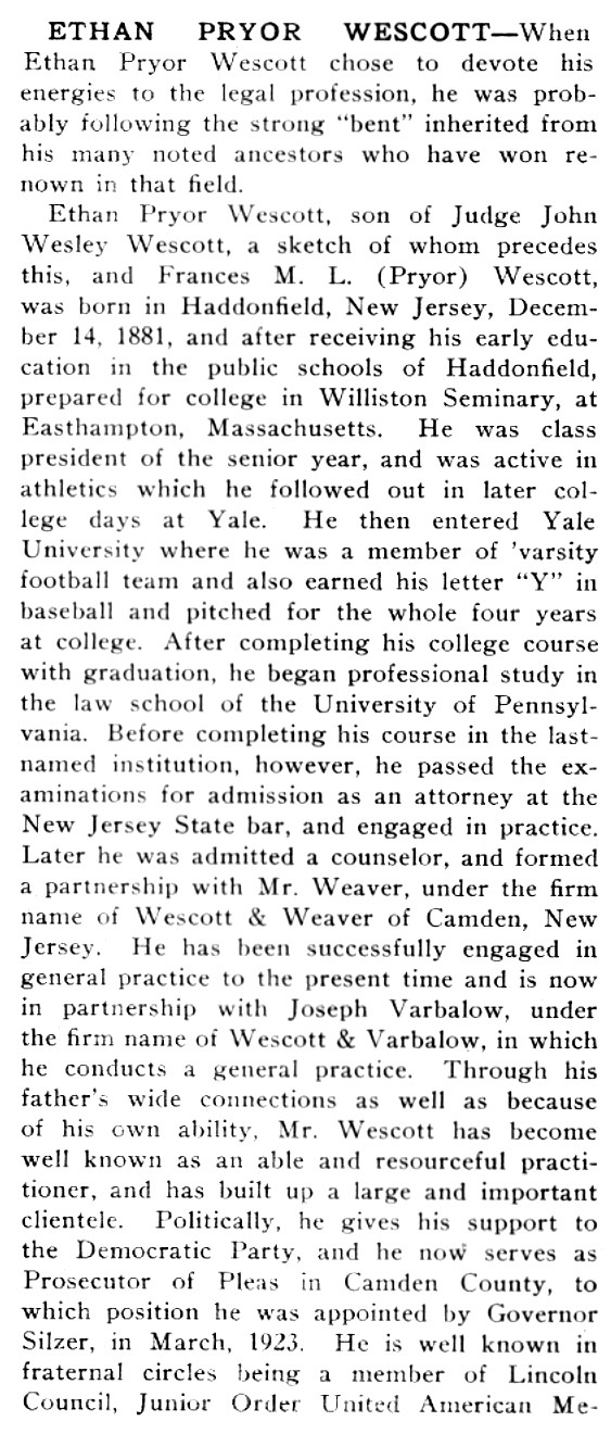 South Jersey: A History 1664–1924 — biography of Ethan Pryor Wescott, column one