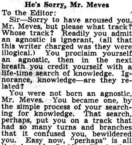 He's Sorry, Mr. Meves, letter by M. J. Welsh Jr. in response to Everett R. Meves, February 25, 1938, part 1