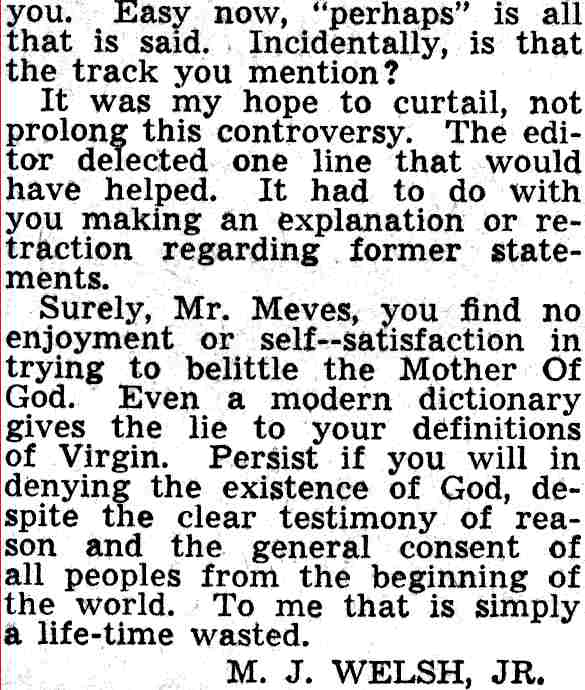 He's Sorry, Mr. Meves, letter by M. J. Welsh Jr. in response to Everett R. Meves, February 25, 1938, part 2