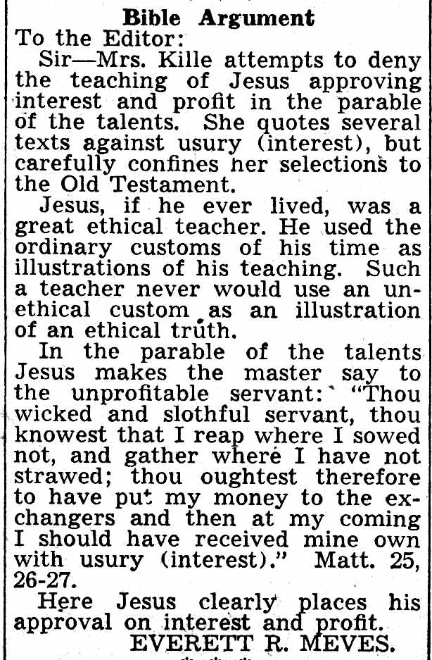 Bible Argument, letter by Everett R. Meves, Camden Courier-Post, February 21, 1938
