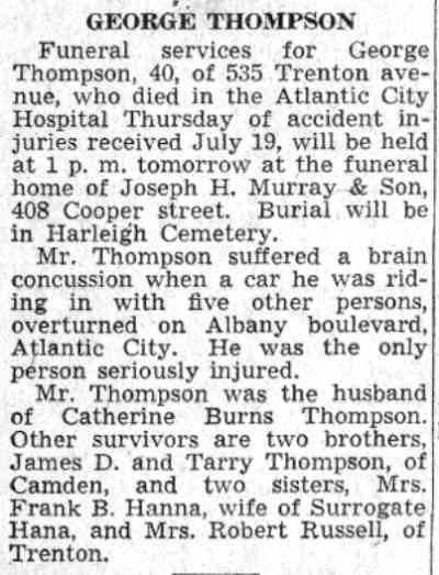 George Thompson funeral notice, Camden Courier-Post, July 28, 1941
