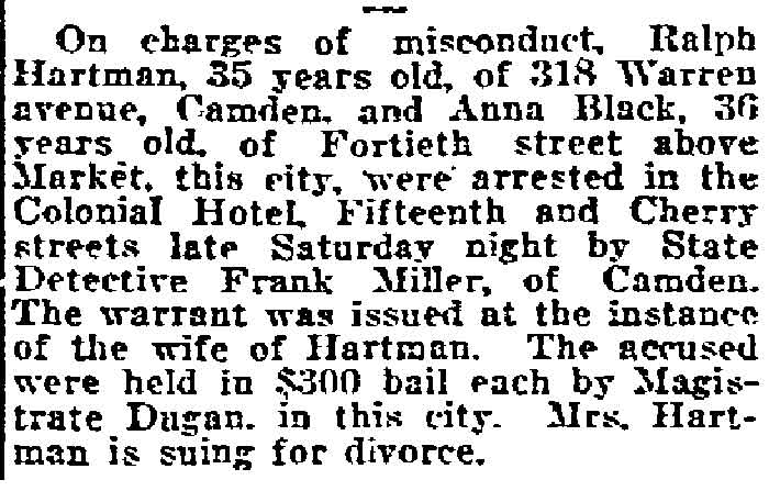Philadelphia Inquirer clipping, November 7, 1921 — Warren Avenue misconduct arrest by Frank Miller