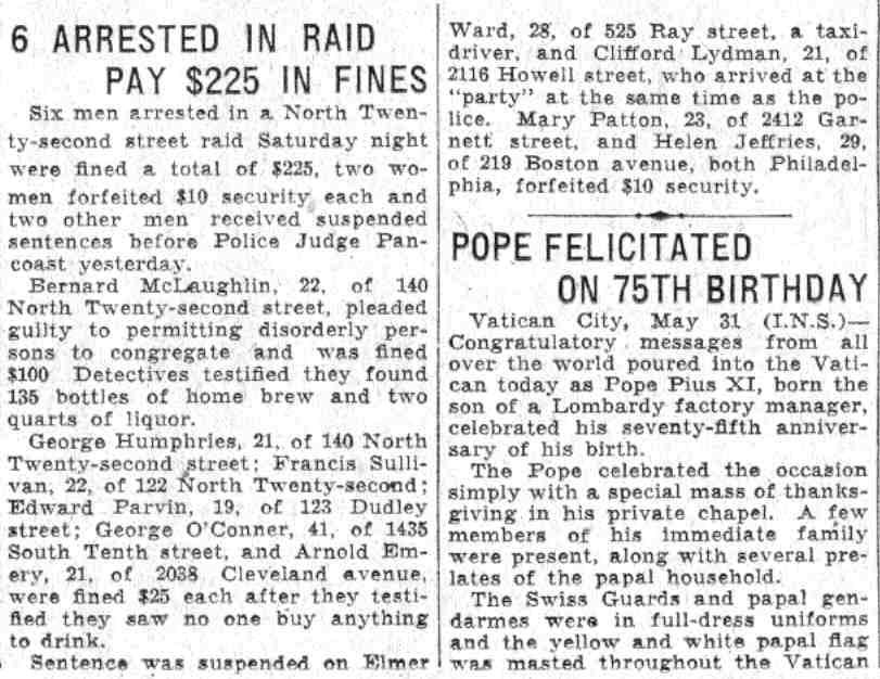 Camden Courier-Post article about six men arrested in a raid at 140 North 22nd Street, June 1932