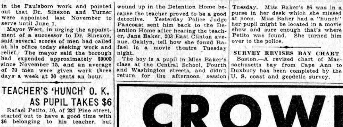 Camden Courier-Post article: Teacher's 'Hunch' O.K. as Pupil Takes $6, June 2, 1932