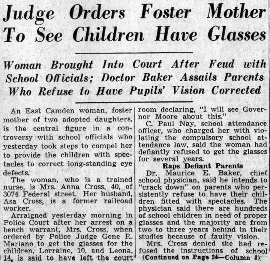Camden Courier-Post, February 24, 1938 — Judge Orders Foster Mother to See Children Have Glasses