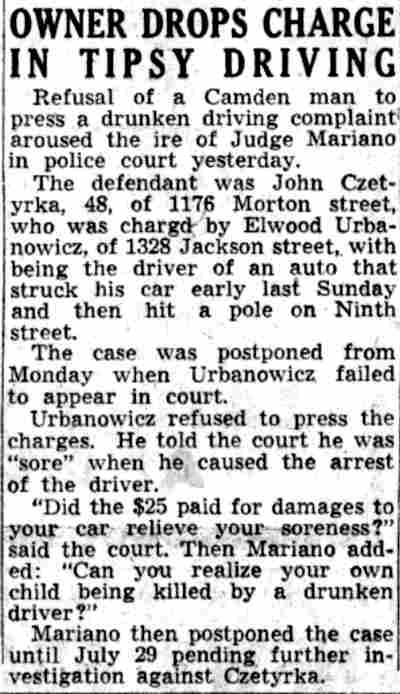 Owner Drops Charge in Tipsy Driving, Camden Courier-Post, July 24, 1941