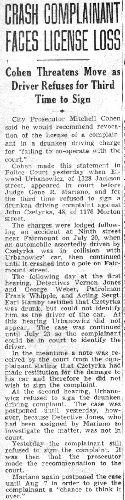 Crash Complainant Faces License Loss, July 30, 1941