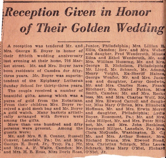 Camden newspaper article about the 50th golden wedding anniversary reception for Mr. and Mrs. George E. Boyer, October 7 1921