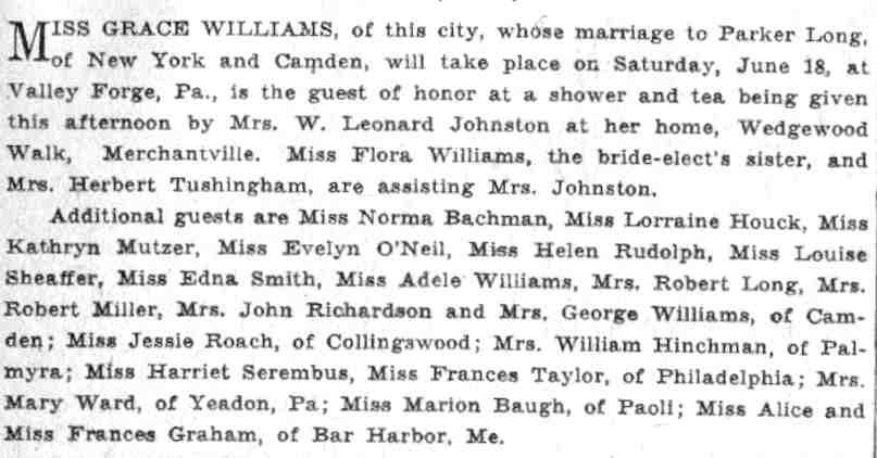 Newspaper announcement of Grace Williams bridal shower