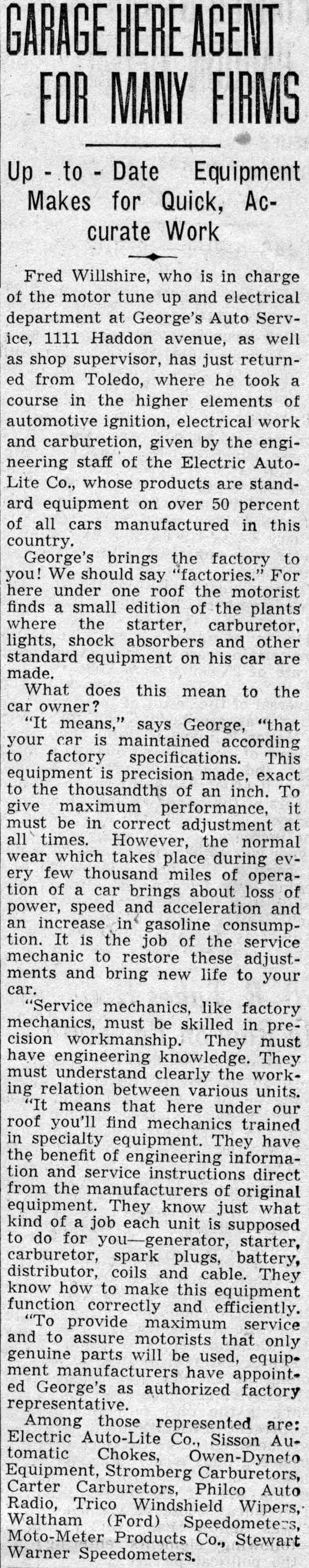 Garage Here Agent for Many Firms article about George's Auto Service, 1938