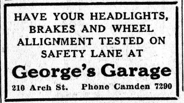 George's Garage safety lane advertisement at 210 Arch Street, 1932