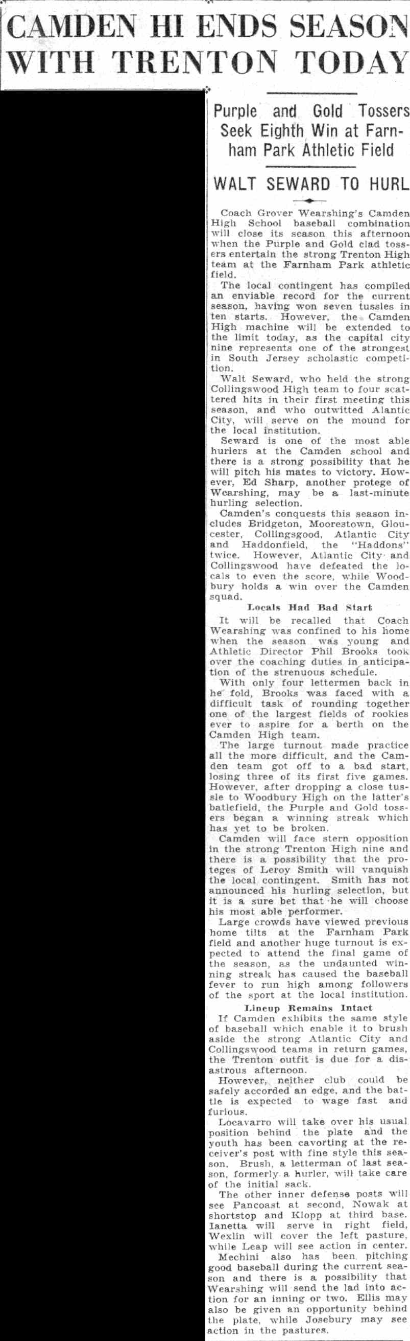 Camden High School baseball, June 3, 1932