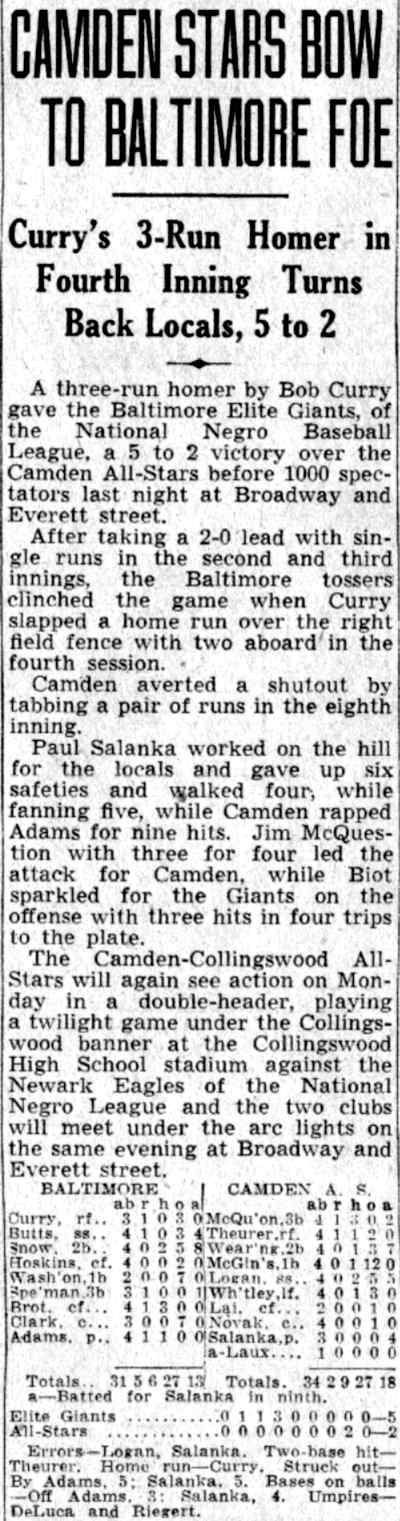 Camden Stars Bow to Baltimore Foe — July 25, 1941