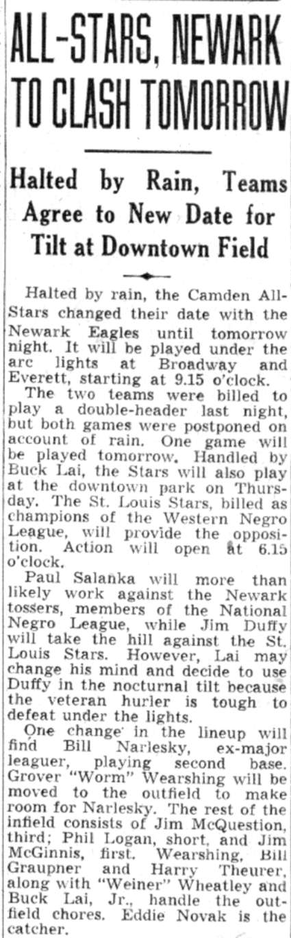 All-Stars Newark to Clash Tomorrow — July 29, 1941