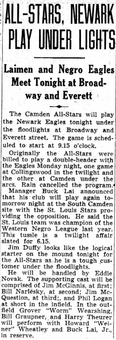 All-Stars Newark Play Under Lights — July 30, 1941