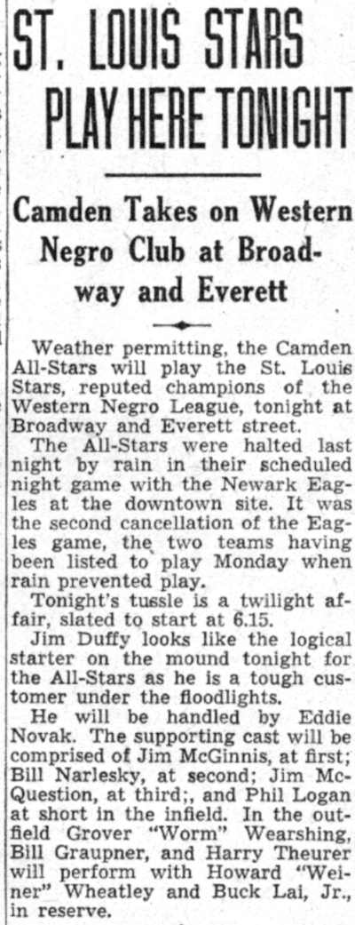 St. Louis Stars Play Here Tonight — July 31, 1941