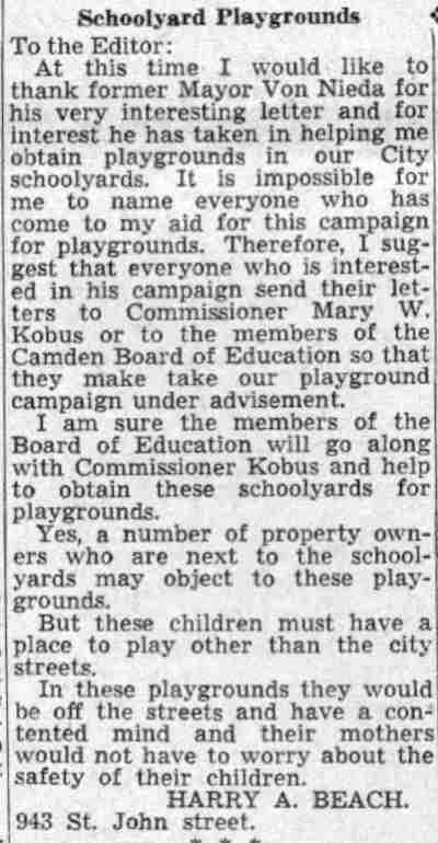Schoolyard Playgrounds — letter to the editor by Harry A. Beach, Camden Courier-Post, July 28, 1941