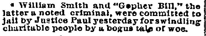 Philadelphia Inquirer, February 12, 1893 — William Smith and Gopher Bill committed to jail by Justice Paul