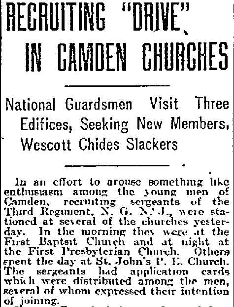 Philadelphia Inquirer, April 23, 1917 — Recruiting drive in Camden churches