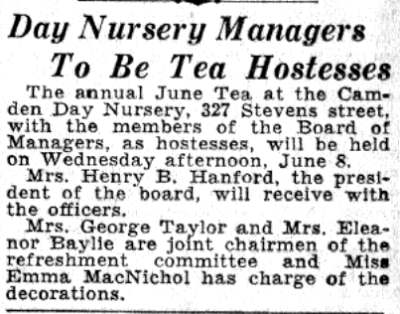 Day Nursery Managers To Be Tea Hostesses — Camden Courier-Post, June 4, 1932