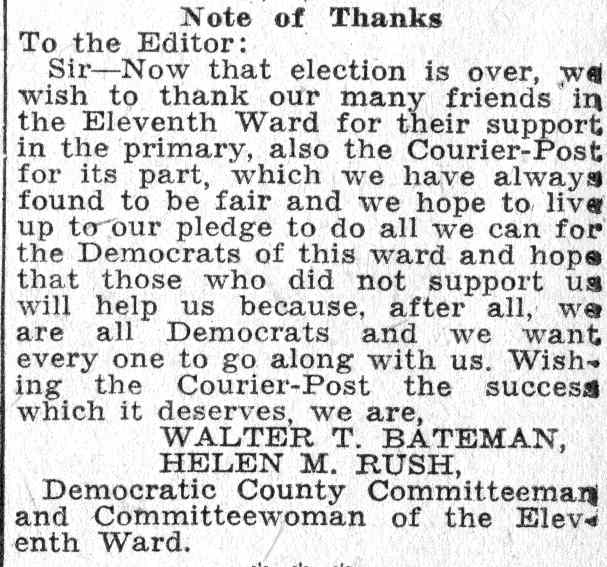 Note of Thanks letter by Walter T. Bateman and Helen M. Rush, Camden Courier-Post, June 7, 1932