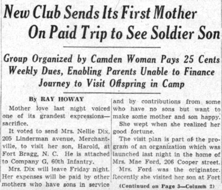 New Club Sends Its First Mother On Paid Trip to See Soldier Son — Camden Courier-Post, July 23, 1941