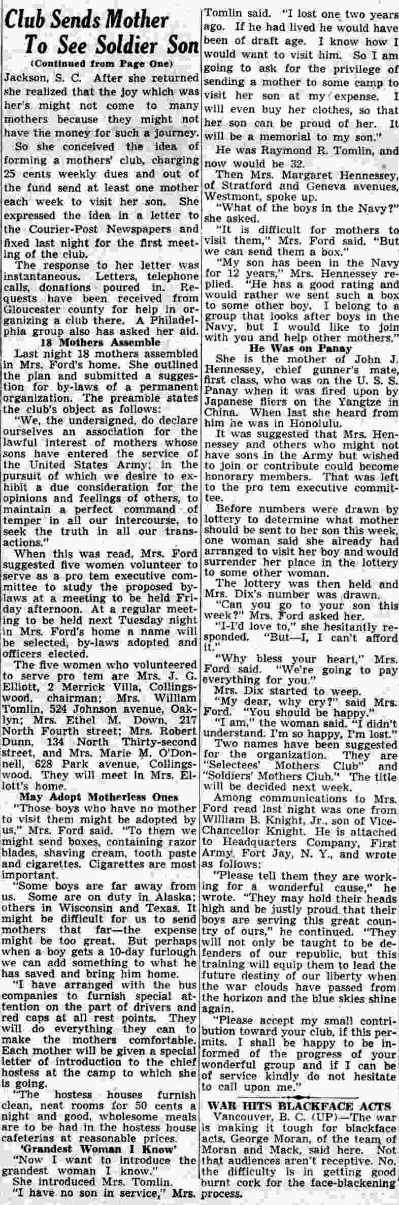 New Club Sends Its First Mother On Paid Trip to See Soldier Son (continued) — Camden Courier-Post, July 23, 1941