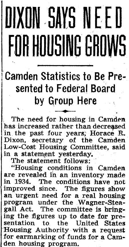 Dixon Says Need for Housing Grows, Camden Courier-Post, February 22, 1938