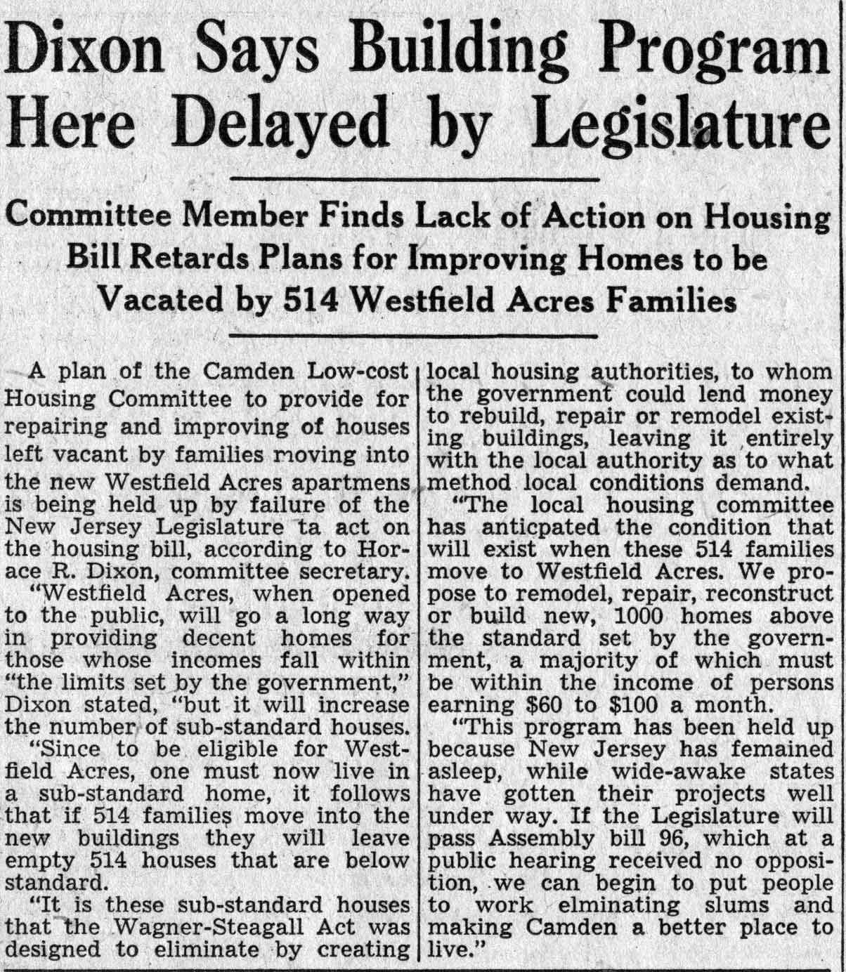Dixon Housing Program Here Delayed by Legislature, Camden Courier-Post, February 21, 1938