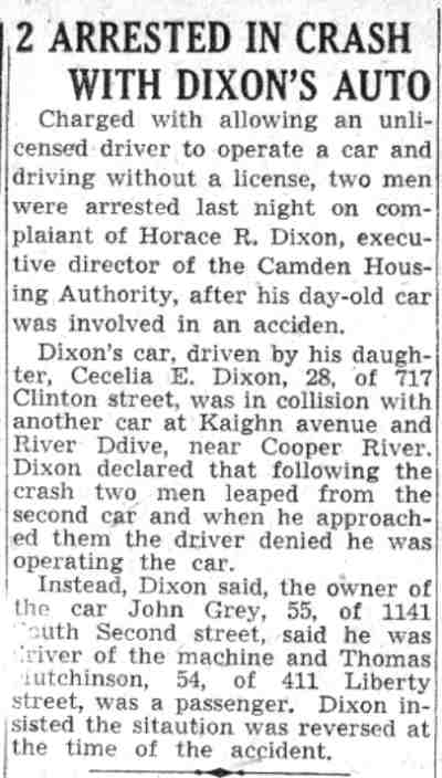 2 Arrested in Crash with Dixon's Auto, Camden Courier-Post, July 30, 1941
