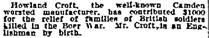 Howland Croft contributes to Boer War relief — Philadelphia Inquirer, January 24, 1900