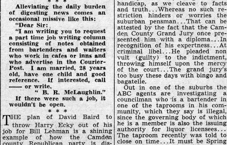 Checked and Double Checked column by Jiminy, Camden Courier-Post February 19, 1938, page 2