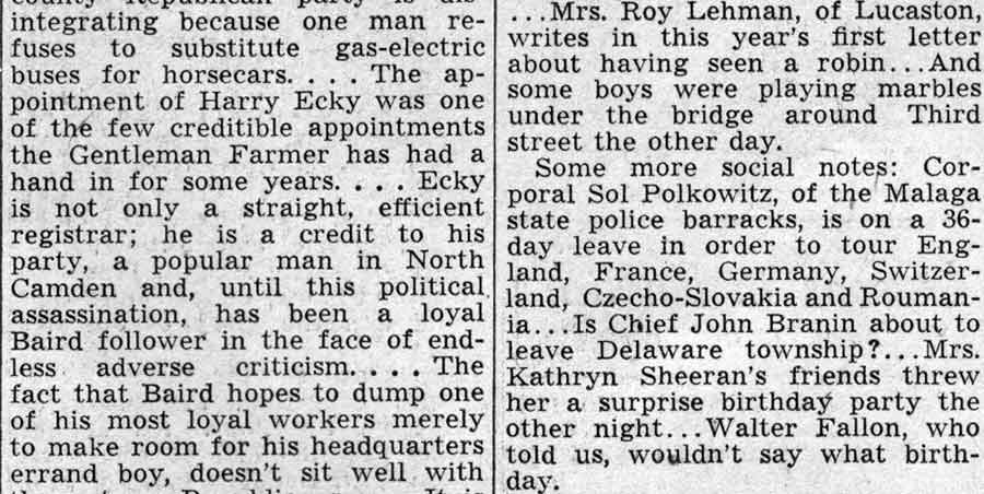 Checked and Double Checked column by Jiminy, Camden Courier-Post February 19, 1938, page 3