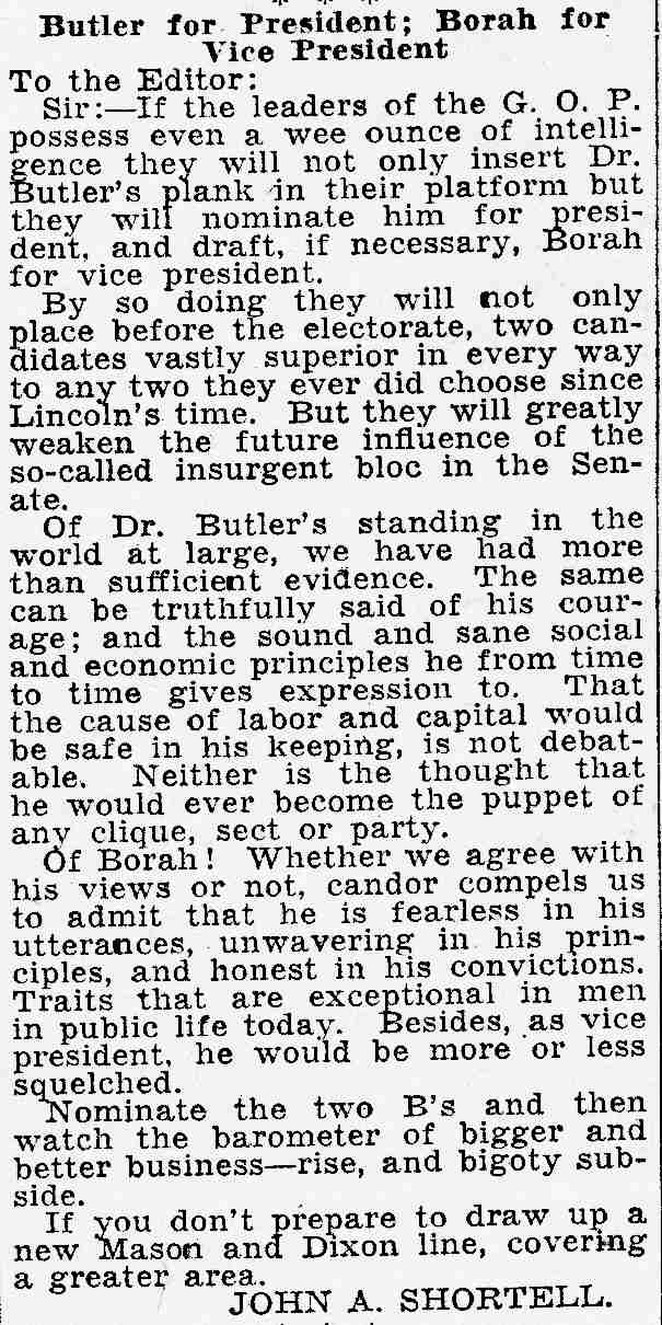 Camden Courier-Post, June 10, 1932 — Butler for President; Borah for Vice President, letter by John A. Shortell