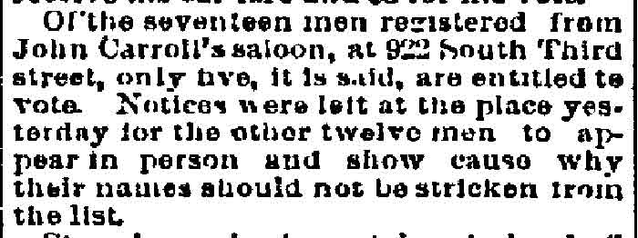 Philadelphia Inquirer, October 29, 1893 — voter registrations challenged at Carroll's saloon
