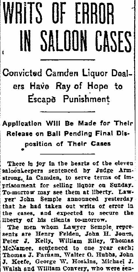 Philadelphia Inquirer, November 22, 1900 — Writs of Error in Saloon Cases (part 1)