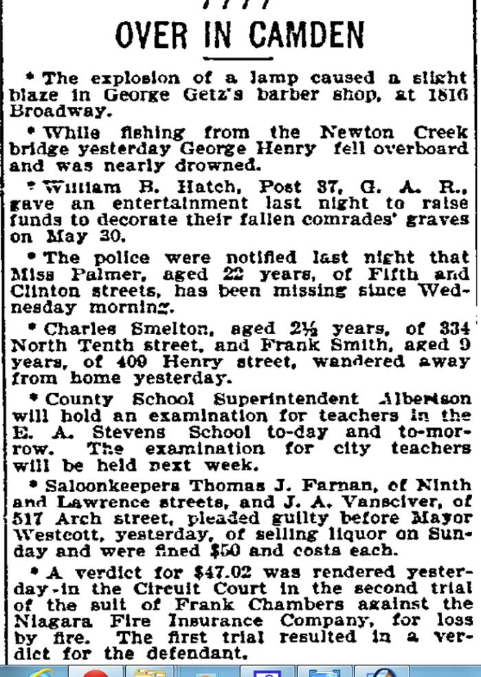 Philadelphia Inquirer, May 1, 1896 — Thomas J. Farnan and J. A. Vansciver fined for selling liquor on Sunday; William Gladding required to furnish additional bail