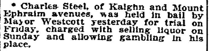 Philadelphia Inquirer, November 28, 1894 — Charles Steel held in bail by Mayor Westcott for selling liquor on Sunday at Kaighn and Mount Ephraim avenues