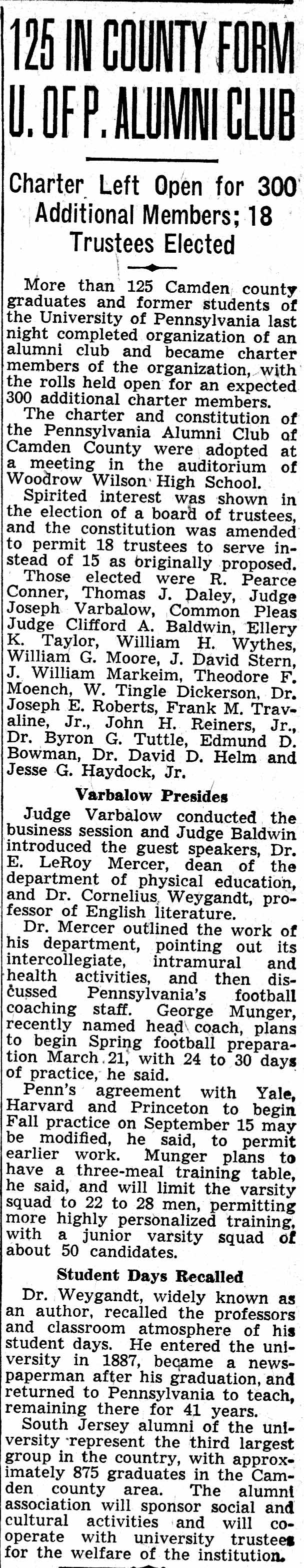 Camden Courier-Post, February 23, 1938 — 125 in County Form U. of P. Alumni Club, article