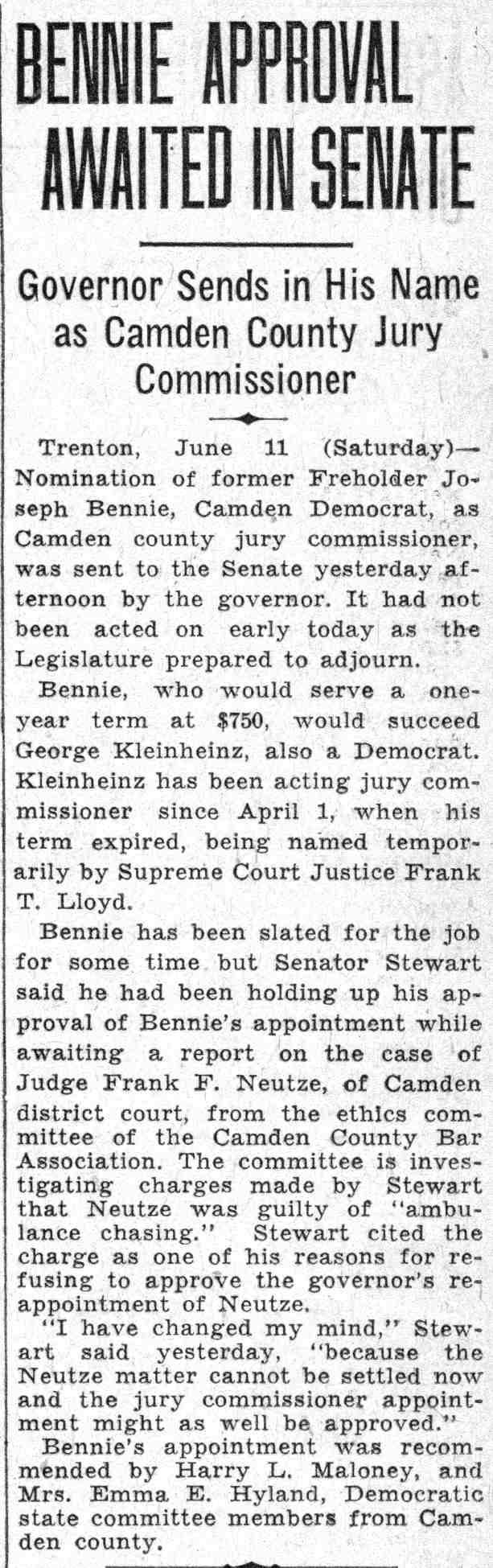 Camden Courier-Post, June 11, 1932, showing Joseph Bennie, Frank T. Lloyd, George Kleinheinz, Frank F. Neutze, Emma Hyland, and Harry L. Maloney