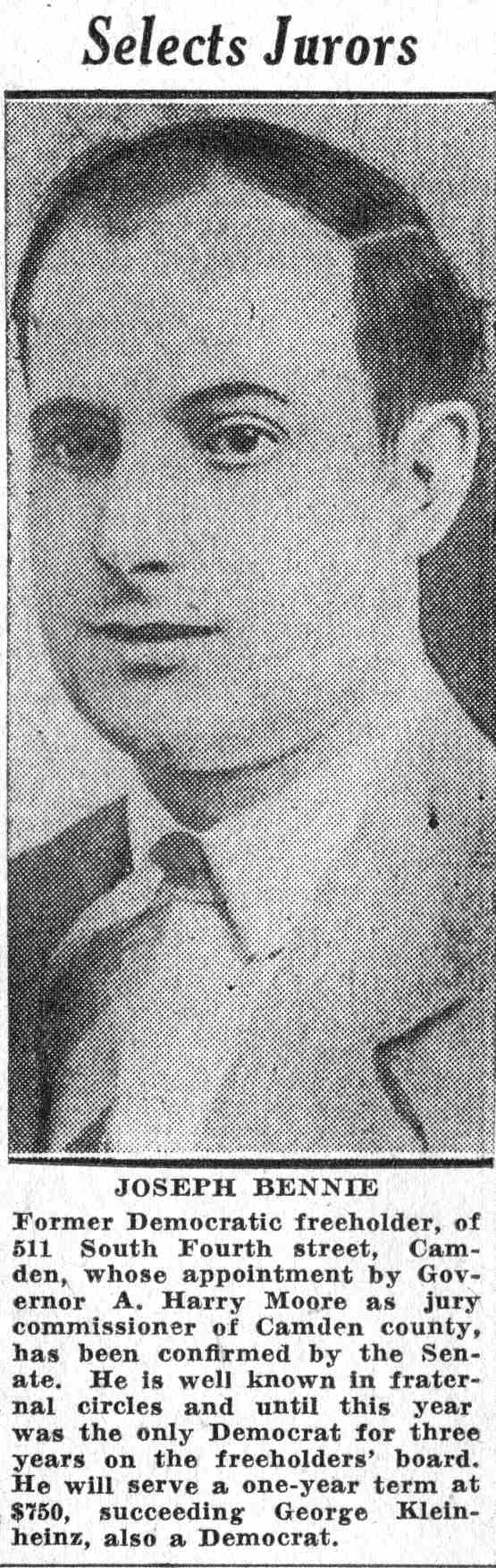 Joseph Bennie, former Democratic freeholder, appointed as jury commissioner, Camden Courier-Post, June 13, 1932