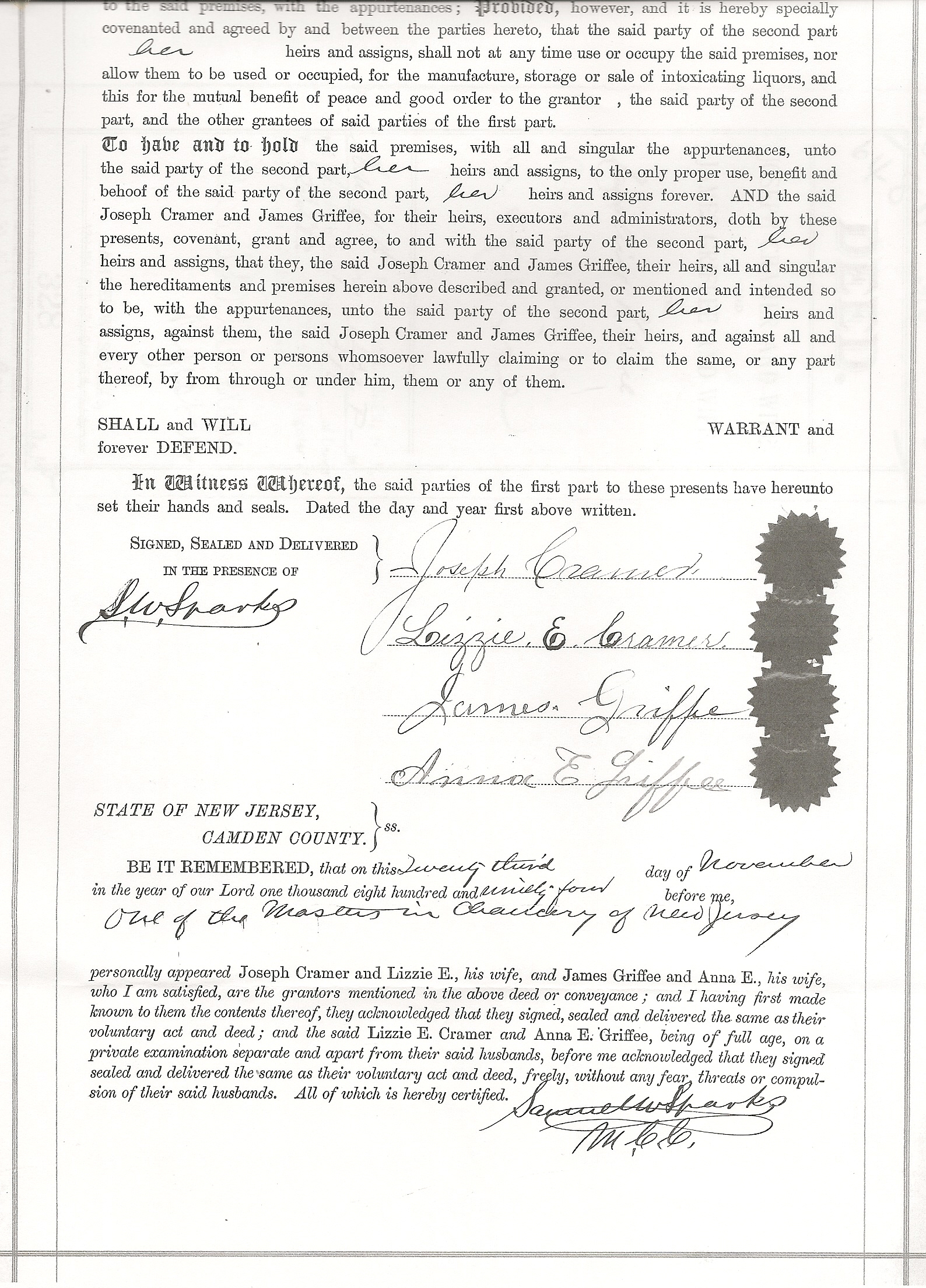 Partial deed from 1894 showing partnership of James Griffee and Joseph Cramer