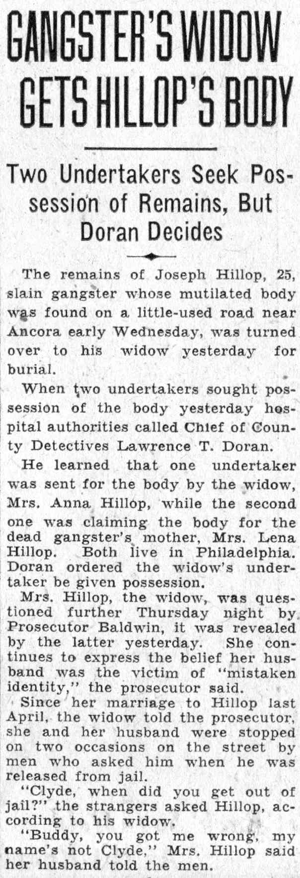 Camden Courier-Post, June 11, 1932, Gangster's Widow Gets Hillop's Body