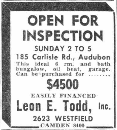 Leon E. Todd Inc. Open for Inspection ad, Camden Courier-Post July 5, 1941