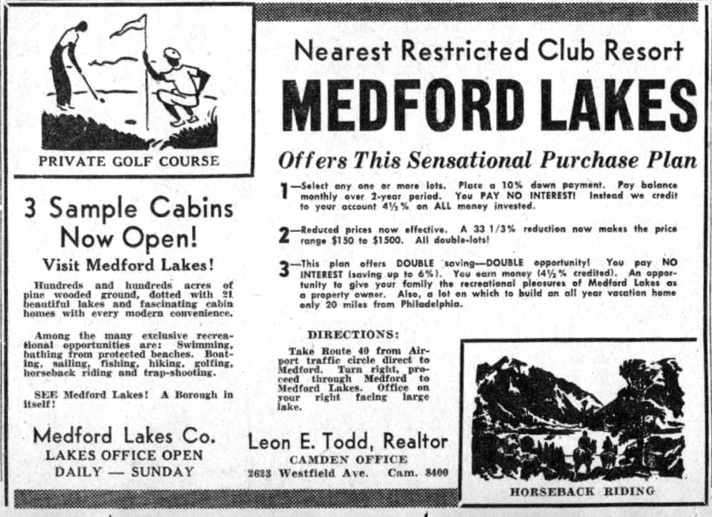 Medford Lakes advertisement, Camden Courier-Post July 5, 1941