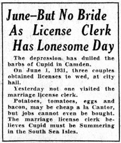 Camden Courier-Post, June 2, 1932 — June But No Bride As License Clerk Has Lonesome Day