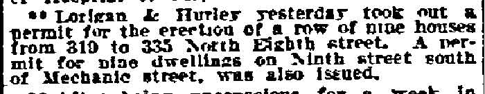 Philadelphia Inquirer news brief about Lorigan and Hurley building permit, May 7, 1910