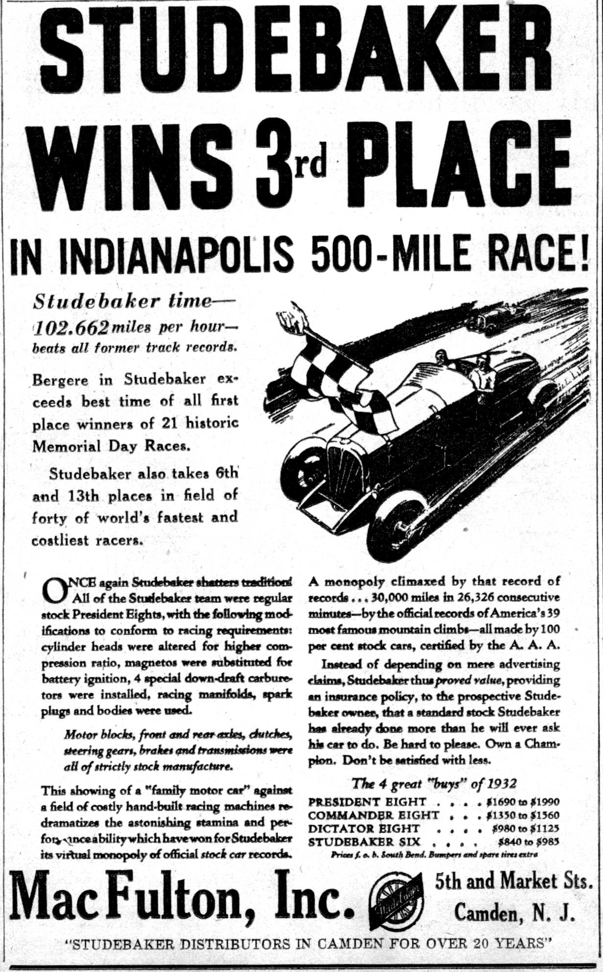 Camden Courier-Post, June 2, 1932 — MacFulton, Inc. advertisement — Studebaker wins 3rd place at Indianapolis