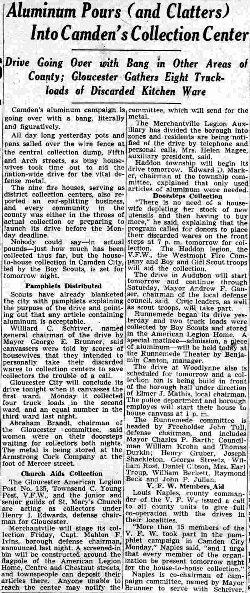 Camden Courier-Post, July 23, 1941 — Aluminum Pours Into Camden's Collection Center