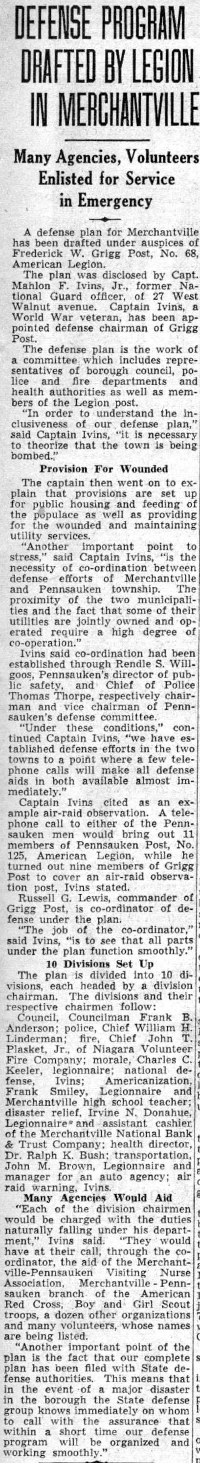 Camden Courier-Post, July 31, 1941 — Defense Program Drafted by Legion in Merchantville